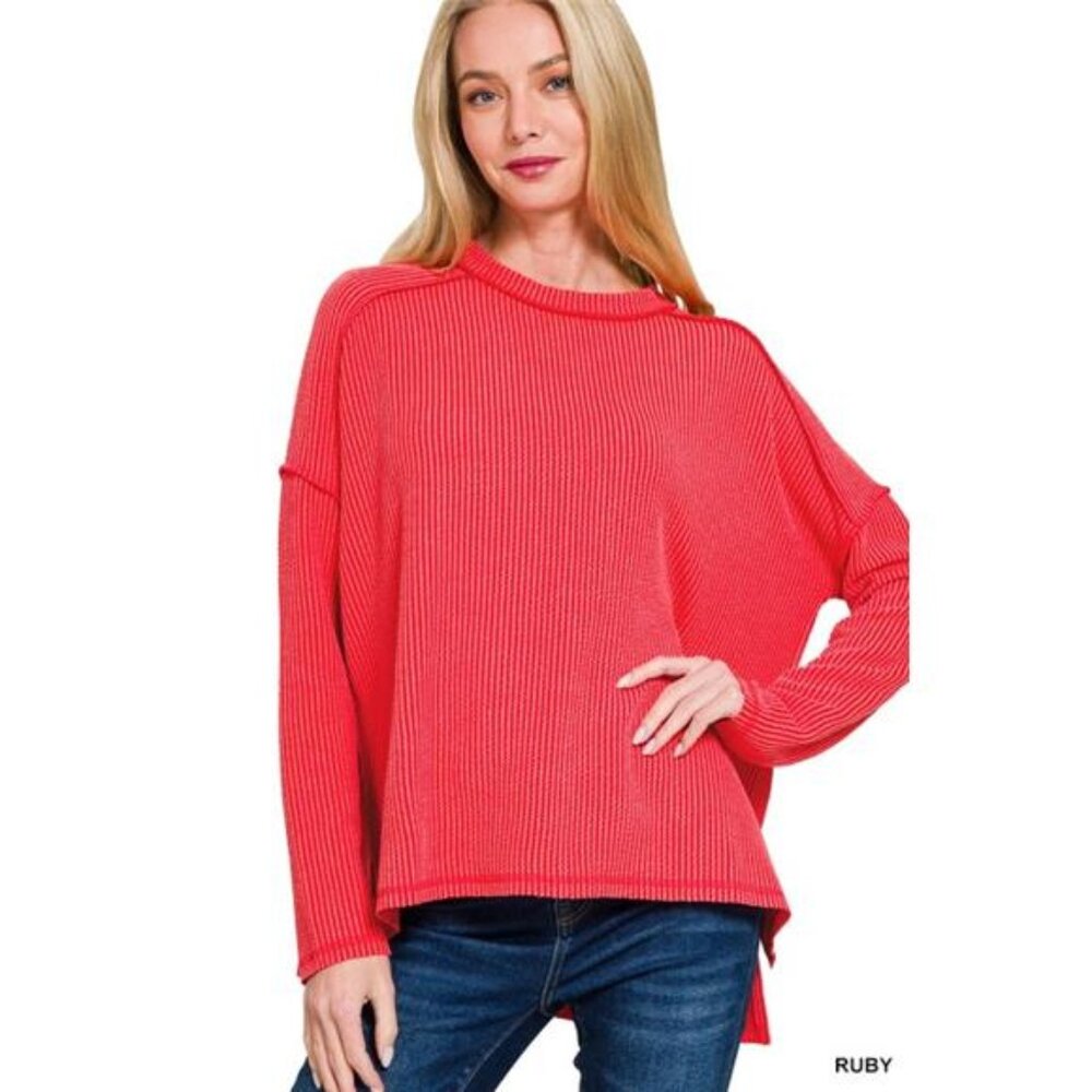 ✨NWT Zenana Full Size Exposed Seam Long‎ Sleeve Corded Rib Knit Top Plus Size